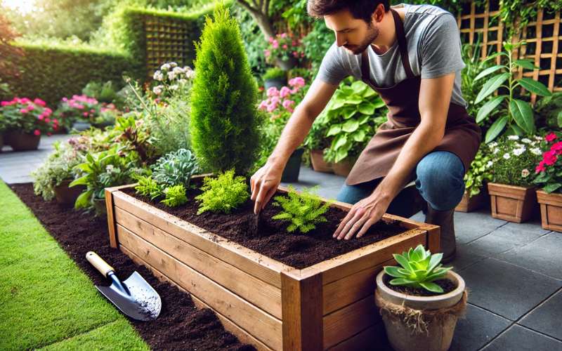 planting new plants into a garden planter